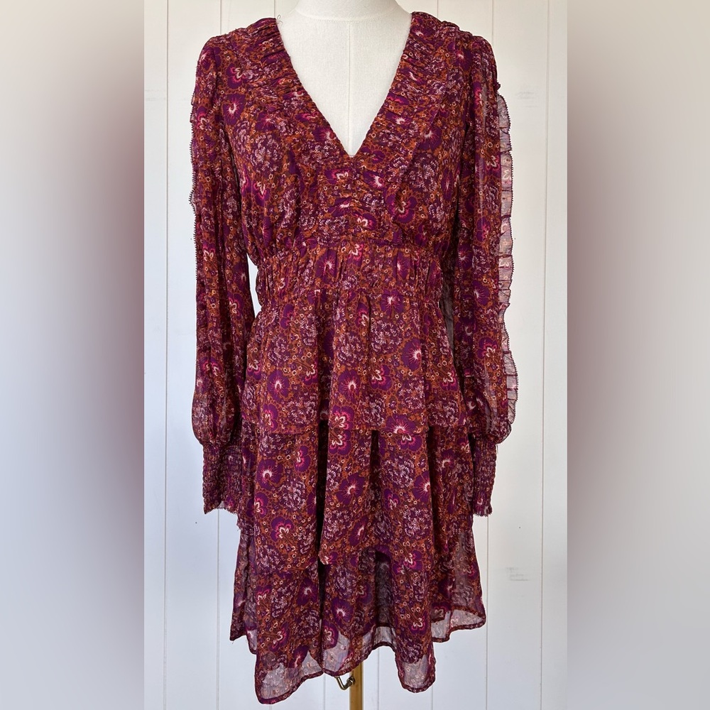 House of Harlow 1960 Floral Tiered Dress Balloon‎ Sleeve Rust/Wine Size 6